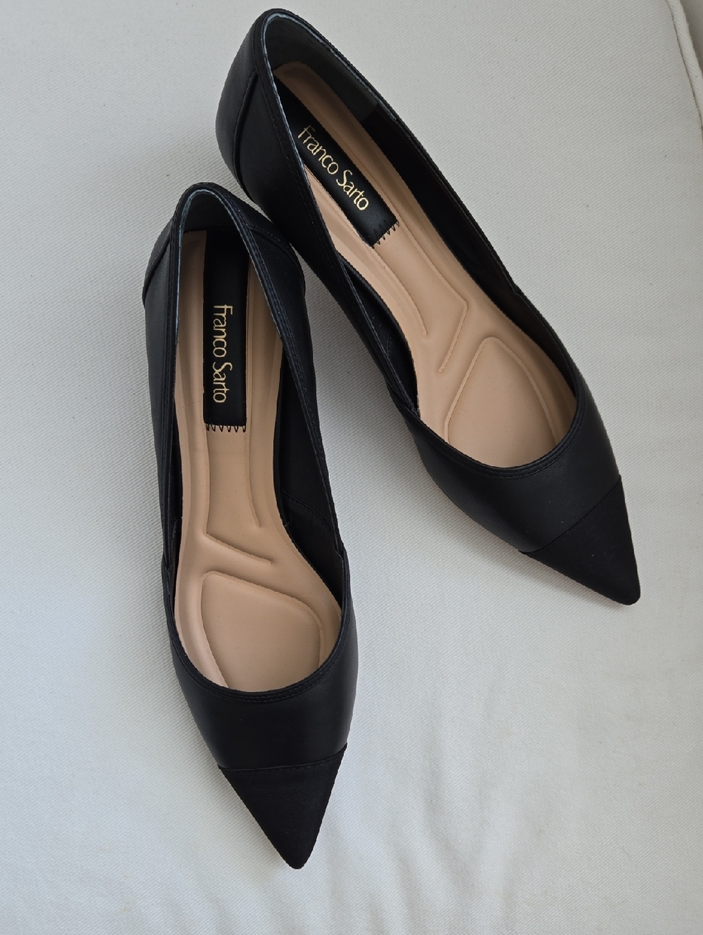 Franco Sarto Black Pointed Toe Flats with Nude Insole